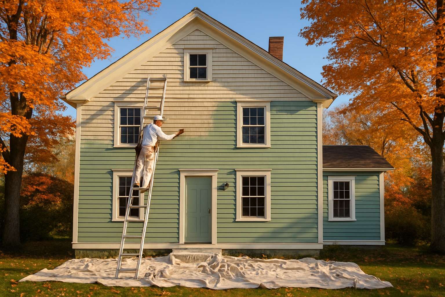 Painter on a ladder repainting a clapboard house sage green in autumn